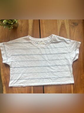Altar'd State White Short-Sleeve Crewneck Crop Tee with Light Gray Stripes